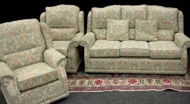 A contemporary three seat sofa, William Morris style fabric upholstery, 99cm high x 173cm x 91cm;