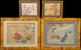 A pair of Chinese paintings on silk, ‘Blue Fly-catcher on flowering Quince’, and bird on a maple