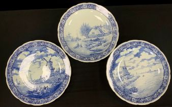 Three Villeroy & Boch for Royal Spinx Delft blue and white chargers, each with Windmill landscape