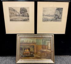 English school, 20th century, ‘Cottage Interior with Fireplace’, oil on board, 21.5cm x 30.5cm; L.