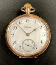 A Waltham Traveller 9ct rose gold cased open face pocket watch, white enamel dial, black Arabic