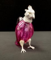 A cranberry glass and silver plated claret jug, as a exotic bird, 17cm high