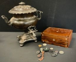 A Victorian black Samovar, shaped collar, inverted foot, 39cm high, mother of pearl inlaid sewing