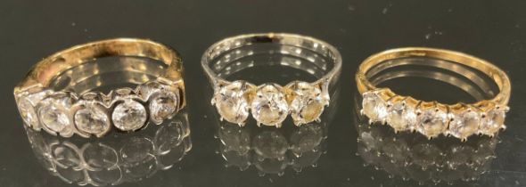 A CZ 9ct gold five stone half eternity ring, size S, others; five stone and three stone, sizes T &
