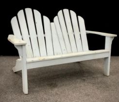 Garden furniture - a two seat pine garden bench, painted pale blue, 96cm high x 146cm wide x 47cm