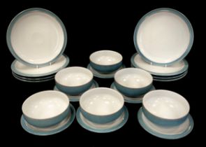 Denby light blue glaze dinner ware comprised of; eight large dinner plates 27cm dia, six side