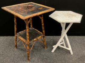 A Victorian bamboo occasional table, painted floral top and under tier, 72cm high, 50cm square;