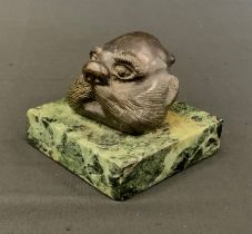 An interesting bronze desk weight as a moustached bust on a ‘Verde Antico’ marble base, 5.5cm high x