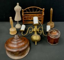 Boxes & Objects; a 19th century turned wooden mallet, another Bamboo letter rack, miniature