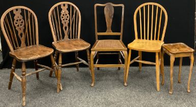 A pair of 19th century elm wheel-back chairs; elm spindle-back chair; walnut side table; etc, (5).