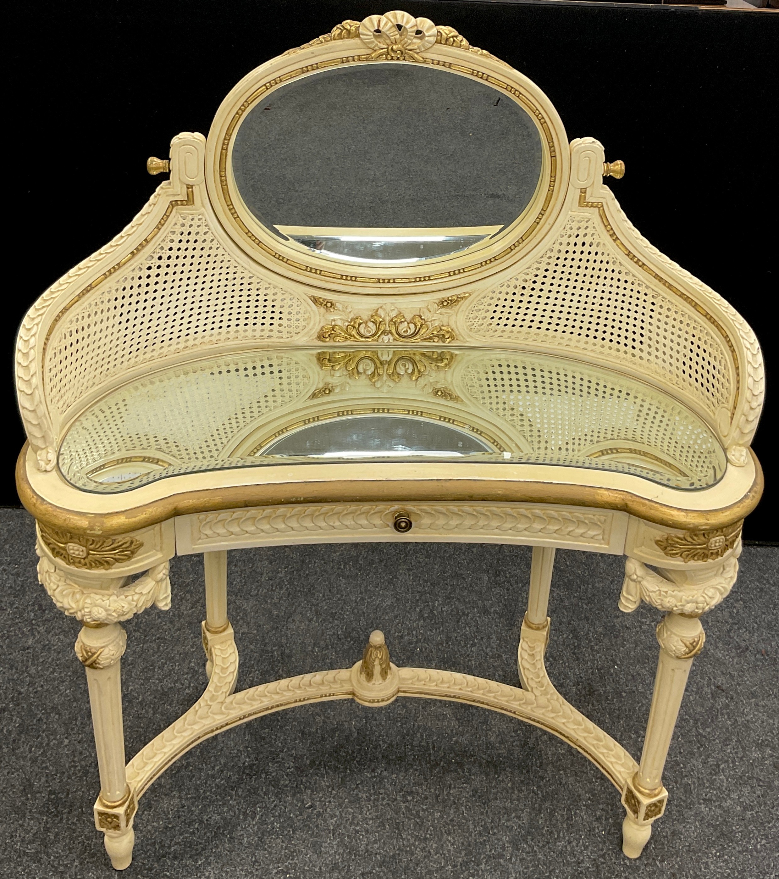 A Louis XVI style dressing table, the oval tilting mirror supported by gracefully down-curved - Image 2 of 2