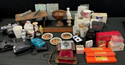 Boxes and Objects - 19th century carved wood book stand, commemorative cups, cameras including;