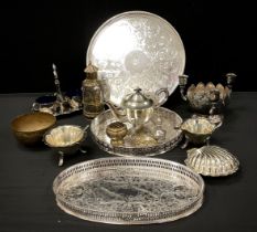 Metal ware including; galleried trays, a three piece Sheffield silver plated tea set, Viners posie