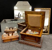 A Vintage oak gramophone cabinet, converted for use as a workbox; a Victorian oak desk Standish,