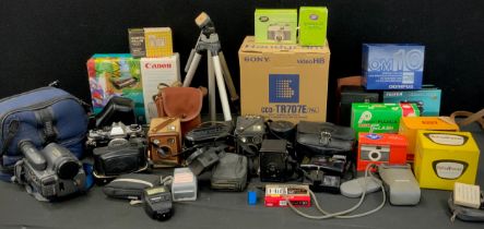 Cameras , Olympus, OM10 SLR, Ozeck 28mm lens, Kodak, Brownie 44A, Six-20 c, Hawkeye C, etc Agfa,