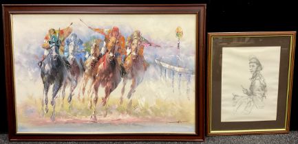 British School (20th century), ‘The last Furlong’, indistinctly signed, oil on canvas, 61cm x