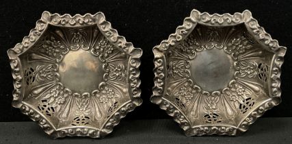 A pair of Edwardian silver pierced and embossed inverted octagonal bonbon dishes, Birmingham 1903,