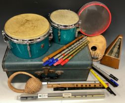 Musical instruments - pair of ‘Premier’ bongo drums, Tony Dixon Irish Whistle, other Irish whistles,