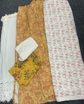 Textiles -a pair of Laura Ashley gold and red pattern curtains, height 183cm x width 163cm, Cath