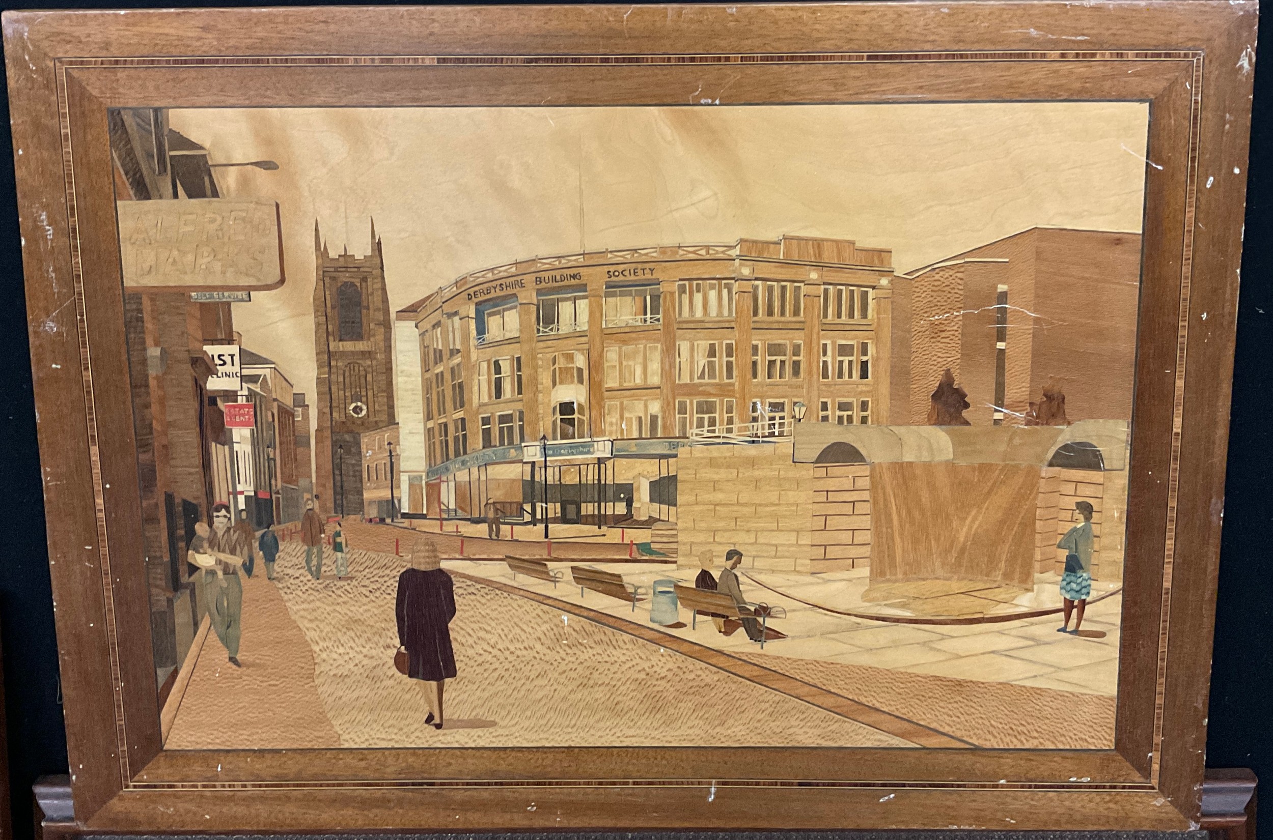 Derrick Warner, Irongate, Derby, marquetry panel, 61cm x 51cm; others, ‘Bridgegate, Derby, c. - Image 7 of 8