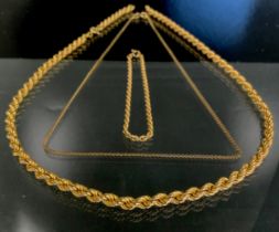 A 9ct gold rope twist necklace (snapped), similar smaller bracelet, etc, 15.2g gross (3)