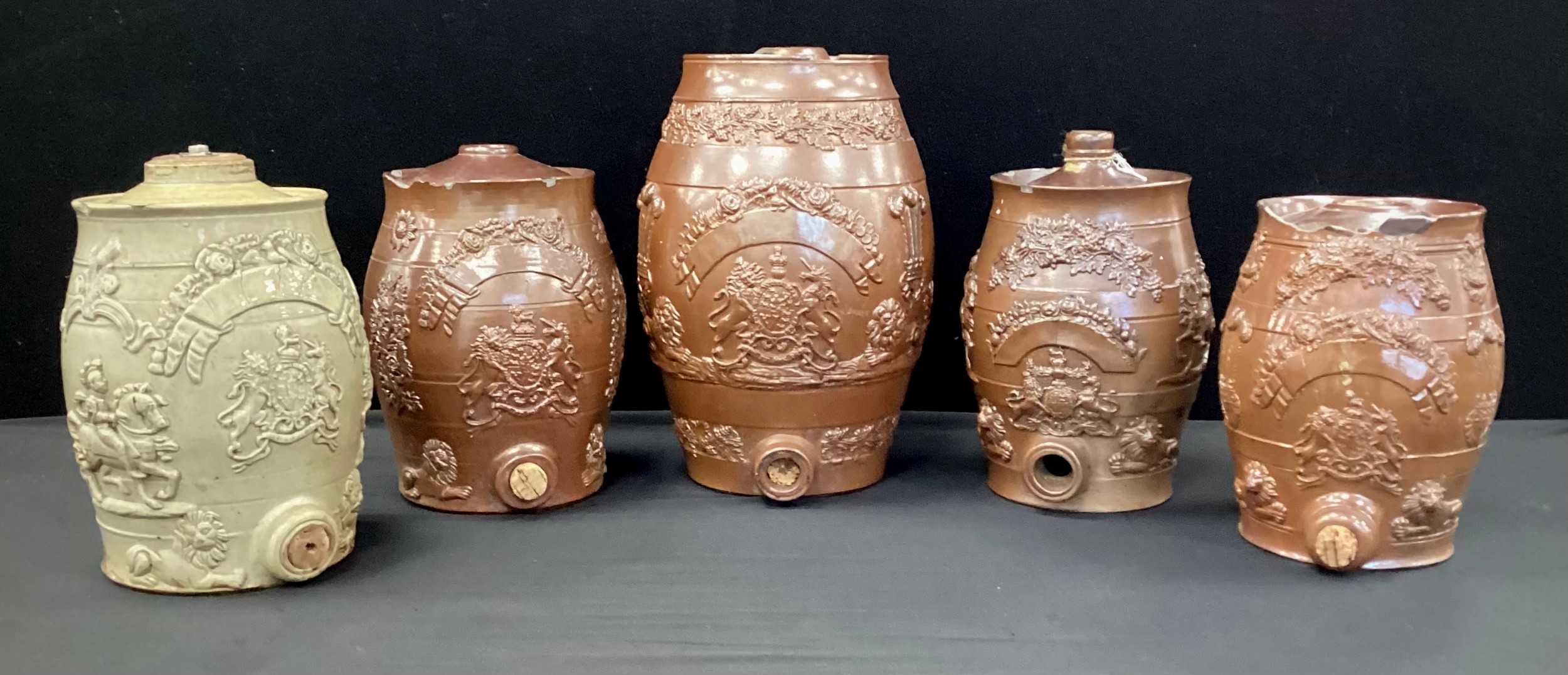 A 19th century Stoneware salt glazed spirit barrel, others assorted sizes (5)