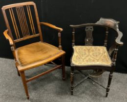 A Victorian inlaid corner chair, lyre splats, upholstered seat, 74cm x 62cm; Edwardian inlay