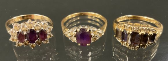 A 9ct gold diamond and pale purply blue stepped cluster ring, 9ct gold shank, size Q, 4g gross;