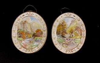 A pair of W E J Dean Royal Crown Derby oval wall plaques, hand painted with High Tor, Matlock and