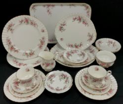 A Royal Albert Lavender Rose pattern duet te set inc cups, saucer ,side plates, bread plate, milk