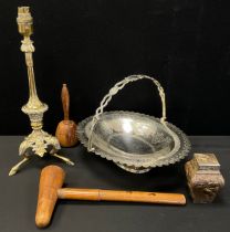 A 19th century brass table lamp, tripod hoof feet, oval swing handle silver plated bowl, treen