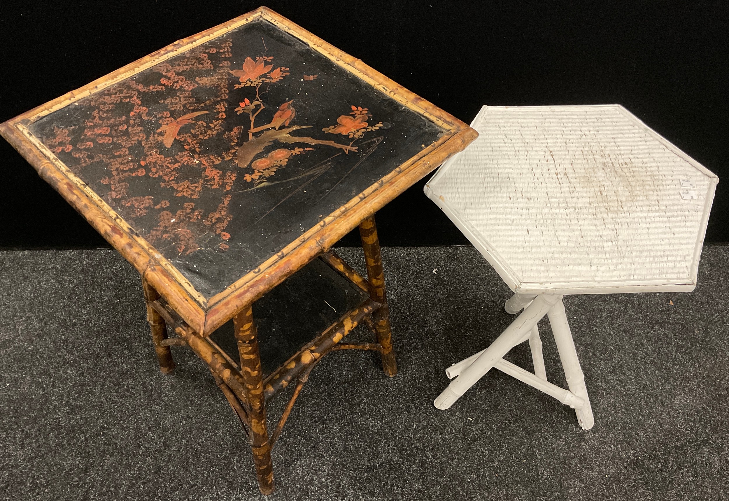 A Victorian bamboo occasional table, painted floral top and under tier, 72cm high, 50cm square; - Image 2 of 2