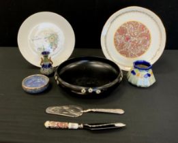 A 19th century Doulton mourning ware bowl, painted with flowers, silver mounted bowl, vase etc