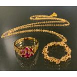 A 9ct gold and pink stone floral wreath pendant necklace, 9ct gold floral cluster ring, 6.2g