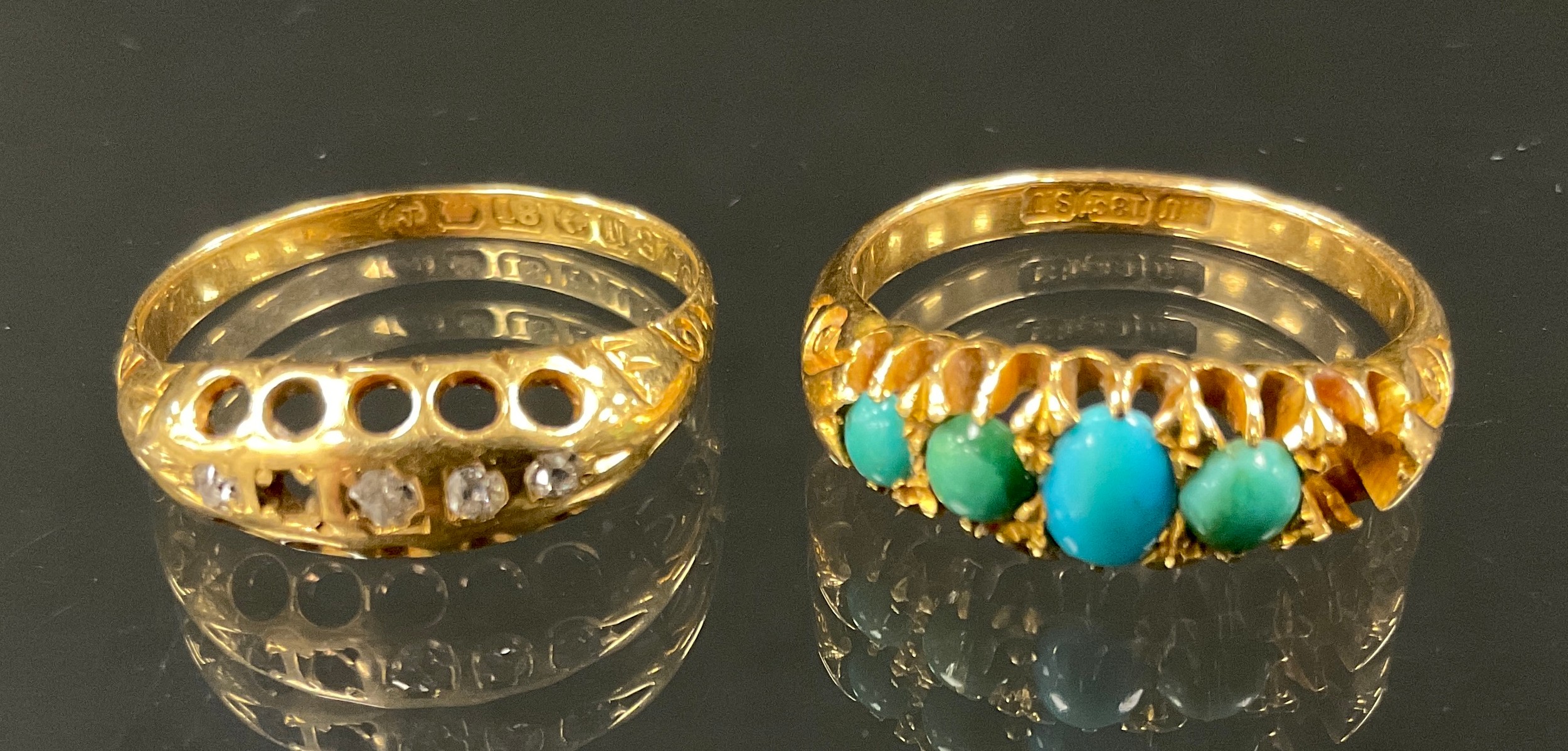 An diamond five stone ring, 18ct gold shank, size M, 1.9g gross; turquoise 18ct gold linear cabochon