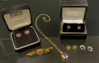 A 9ct gold mounted amethyst pendant necklace, pair of 9ct gold earrings, Victorian Sweetheart brooch