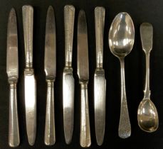 A set of six silver handle fruit knives, Sheffield, 1929; silver spoons