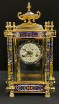 A large modern French champleve enamelled four glass mantel clock, Cherubic dial, floral bands and