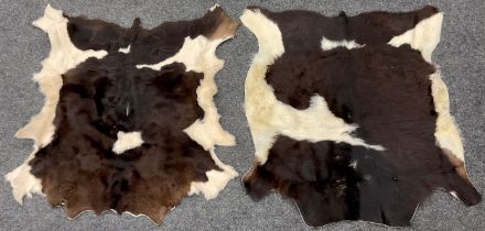 A dark brown and white calf / cow hide rug, 110cm x 94cm; another 93cm x 86cm (2).