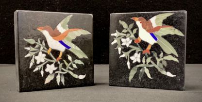 A pair of Pietra dura bird deck weights or coasters, 10cm x 10cm (2)