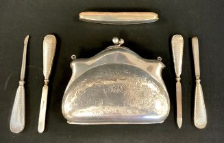 A George V silver evening purse, leather liner, G Norman, Birmingham 1918, 124g gross; a five