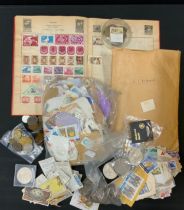 Stamps, coins, bank notes, inc Killmarsh token, crowns, pennies, international coins, and bank