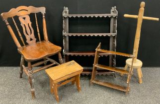 A Victorian Elm Kitchen chair; Edwardian mahogany four tier wall shelf; 19th century stool; etc, (