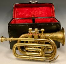 A mid 20th century Brass ‘Pocket’ or ‘Piccolo’ Cornet, cased, with mouth-piece.