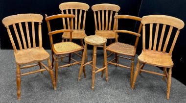 A set of four early 20th century elm and beech lath-back chairs; a pine stool; pair of Edwardian