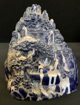 Chinese blue faux lapis lazuli stone carving of village scene, 18cm high