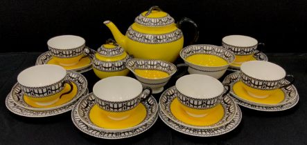 Royal worcester yellow and sway tea service for six comprised of; tea pot, milk jug, sugar bowl, six