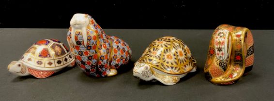 Royal Crown Derby Paperweights - Indian Star Tortoise, Walrus, Snake, Tortoise, silver stoppers, (