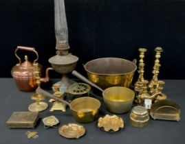 Brass - a pair of brass candlesticks,25cm high, others, jam pan and others similar; copper kettle;