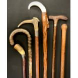 An antler handled silver metal mounted walking stick, others horn, carved, etc (6)